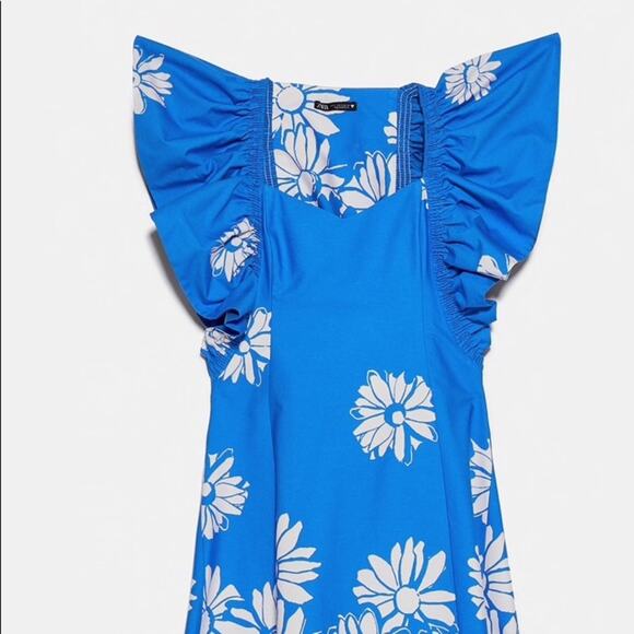 NEW ZARA 100% Cotton Flower Printed Blue Ruffle Dress - Picture 6 of 14